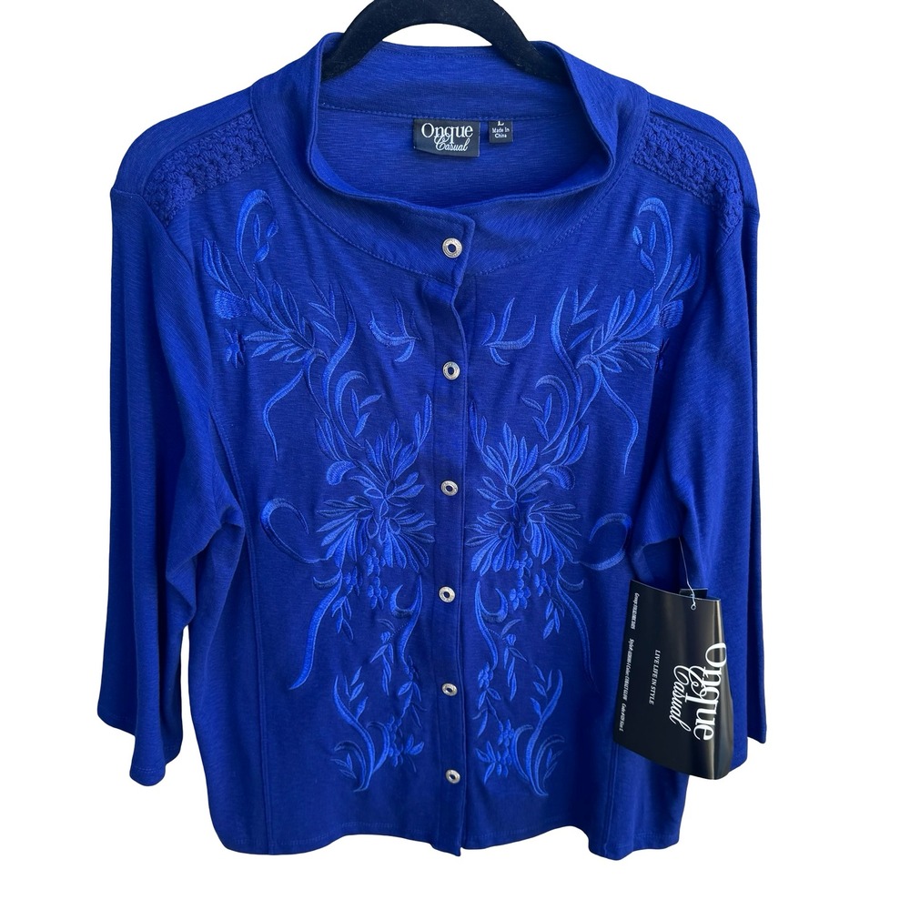 Onque Casual Boho Cottagecore Cobalt Blue Folk Floral Embroidered Jacket L NWT
